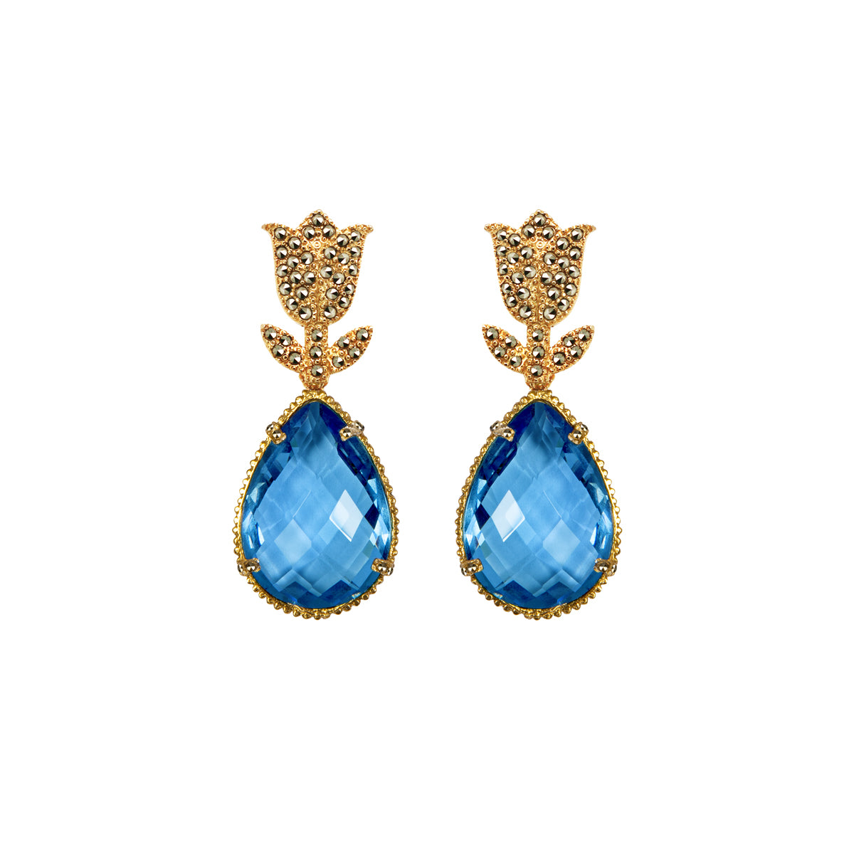 COMBO Tulip Gold Drop Clásico Violeta y Azul. Drop Cap Verde Claro (LIMITED) Arete + Drop de Joyería Regina Castillo