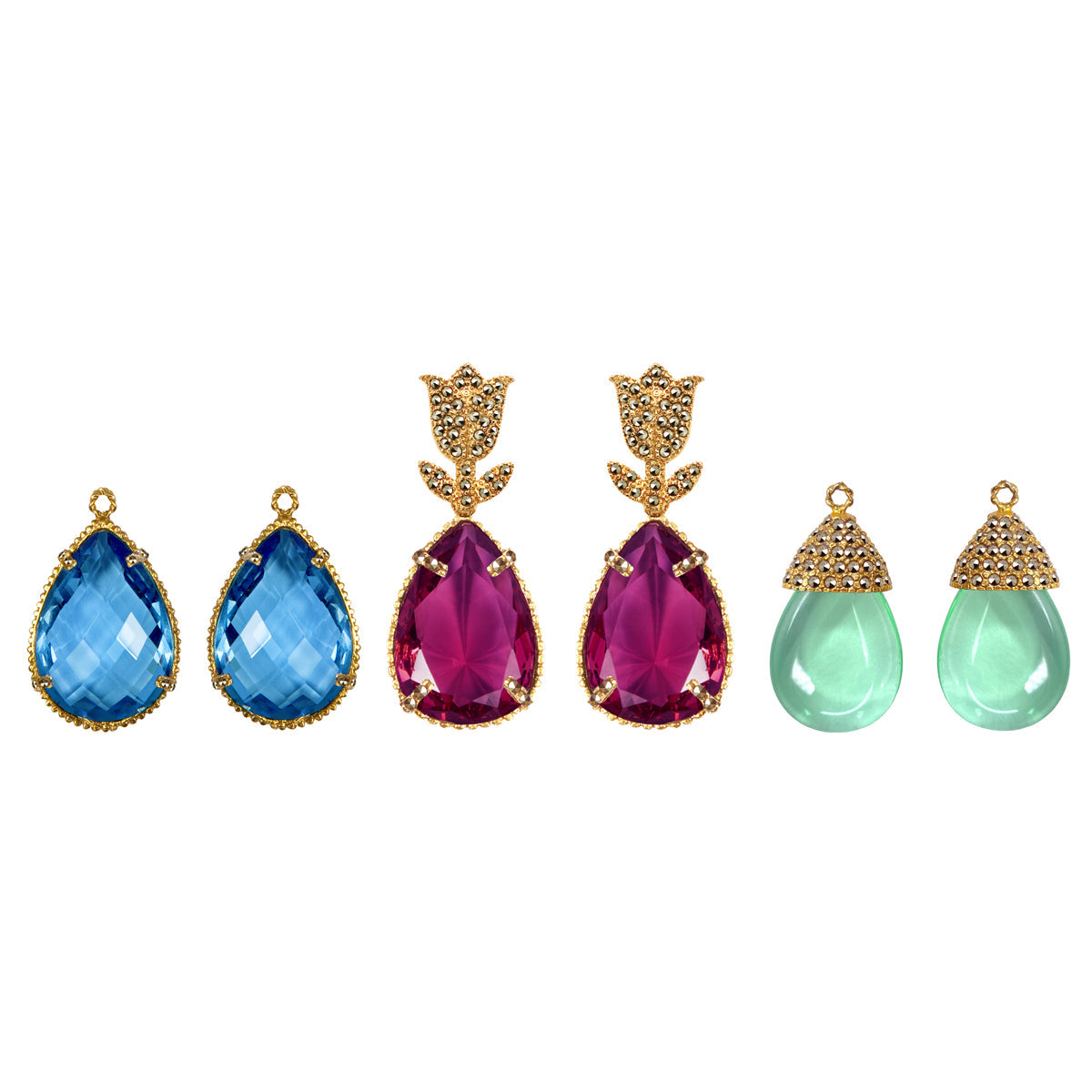 COMBO Tulip Gold Drop Clásico Violeta y Azul. Drop Cap Verde Claro (LIMITED) Arete + Drop de Joyería Regina Castillo