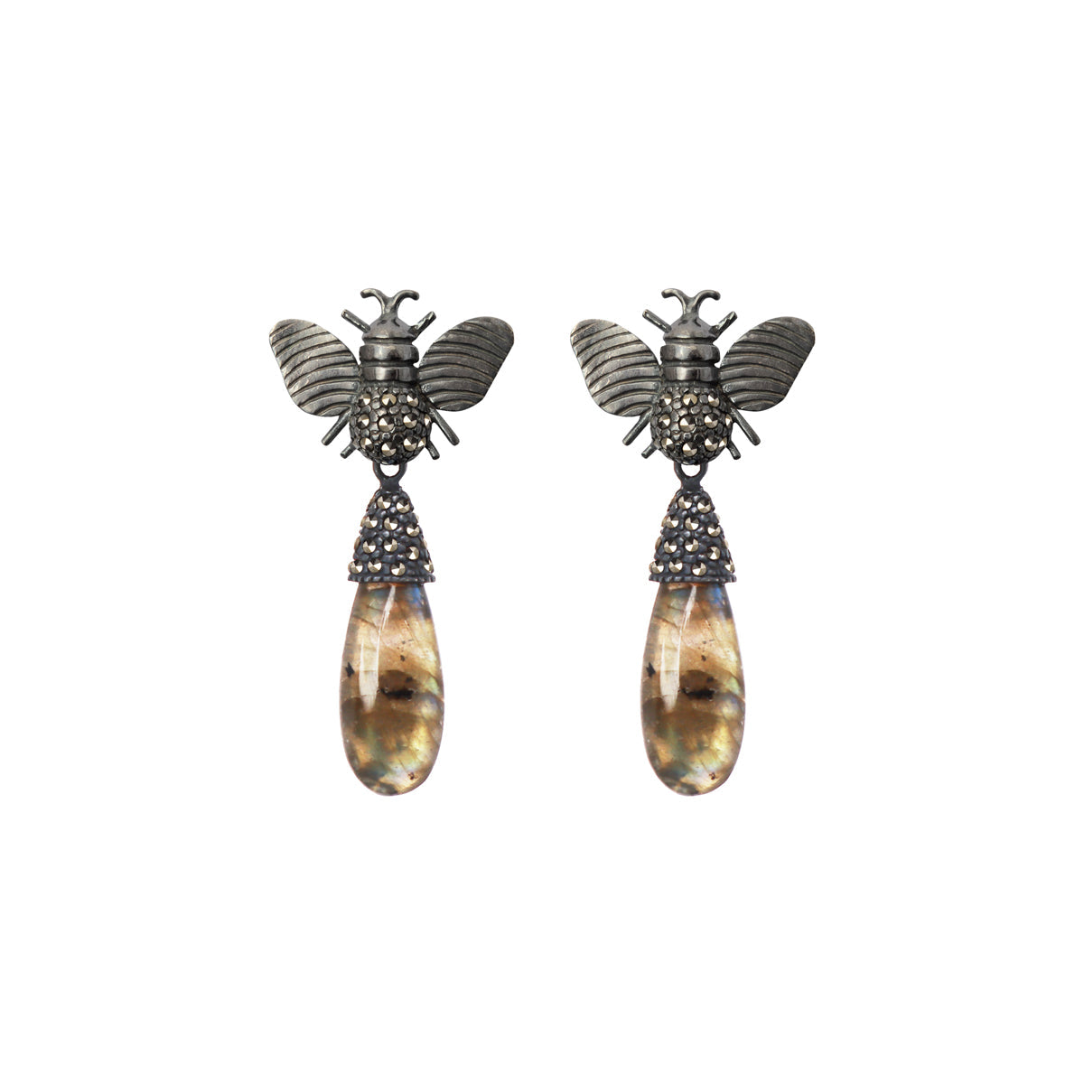Arete Abeja I + Drop Calabazo Labradorita Intercambiable Arete + Drop de Joyería Regina Castillo