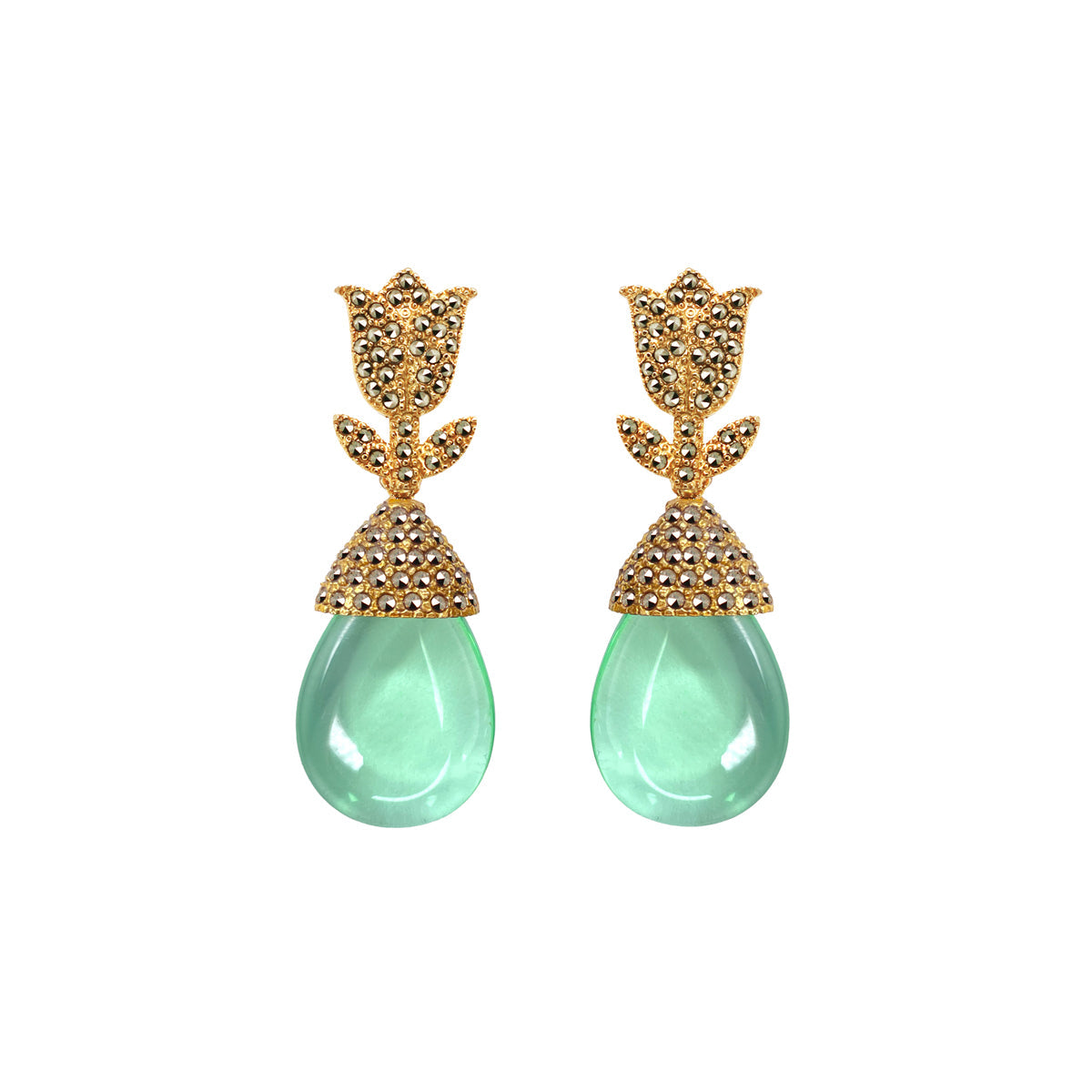 COMBO Tulip Gold Drop Clásico Violeta y Azul. Drop Cap Verde Claro (LIMITED) Arete + Drop de Joyería Regina Castillo