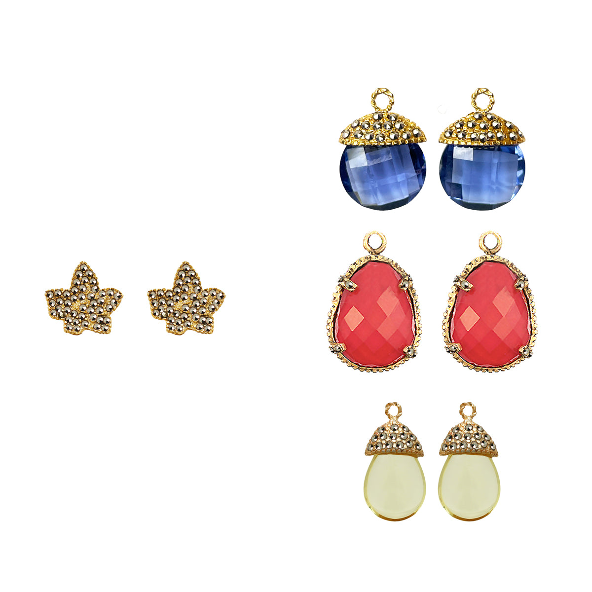 COMBO Hoja Gold, Drop Fut Gold BluePurple, Drop RedGeo Gold y Drop Hatty Gold Amarillo (LIMITED) Arete + Drop de Joyería Regina Castillo
