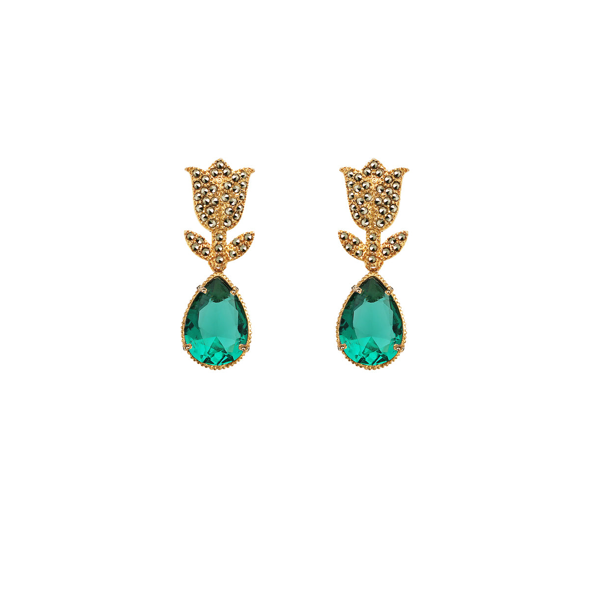 COMBO Tulip Gold con Drop Lightrose Grande, Drop Square Blue, Drop Pir Green (LIMITED) Arete + Drop de Joyería Regina Castillo