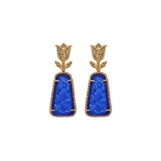 COMBO EARRING TULIP GOLD + DROP TRAPEZ BLUE JADE, DROP FUT GOLD YELLOW, DROP SQUARE GOLD PINK