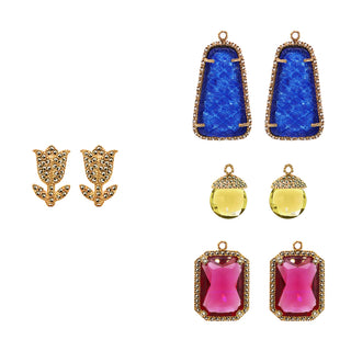 COMBO EARRING TULIP GOLD + DROP TRAPEZ BLUE JADE, DROP FUT GOLD YELLOW, DROP SQUARE GOLD PINK