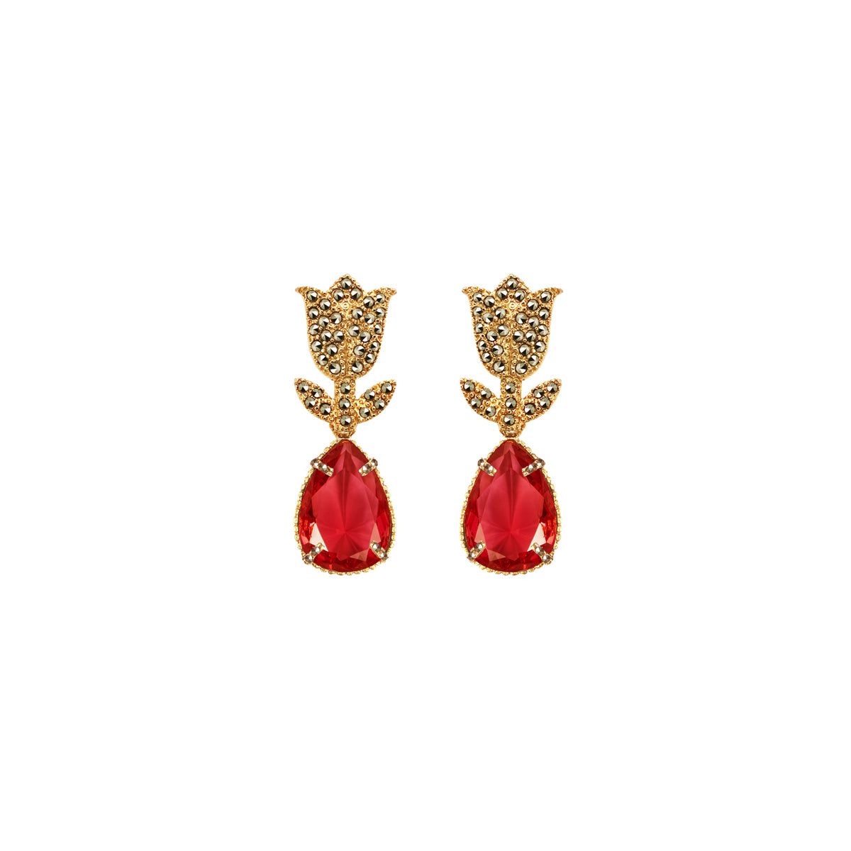 COMBO Tulip Gold con Drop Clásico Ámbar, Drop Calado chino y Drop Clásico rojo (LIMITED) Arete + Drop de Joyería Regina Castillo