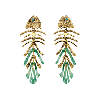 Long green fish skeleton bugs earring