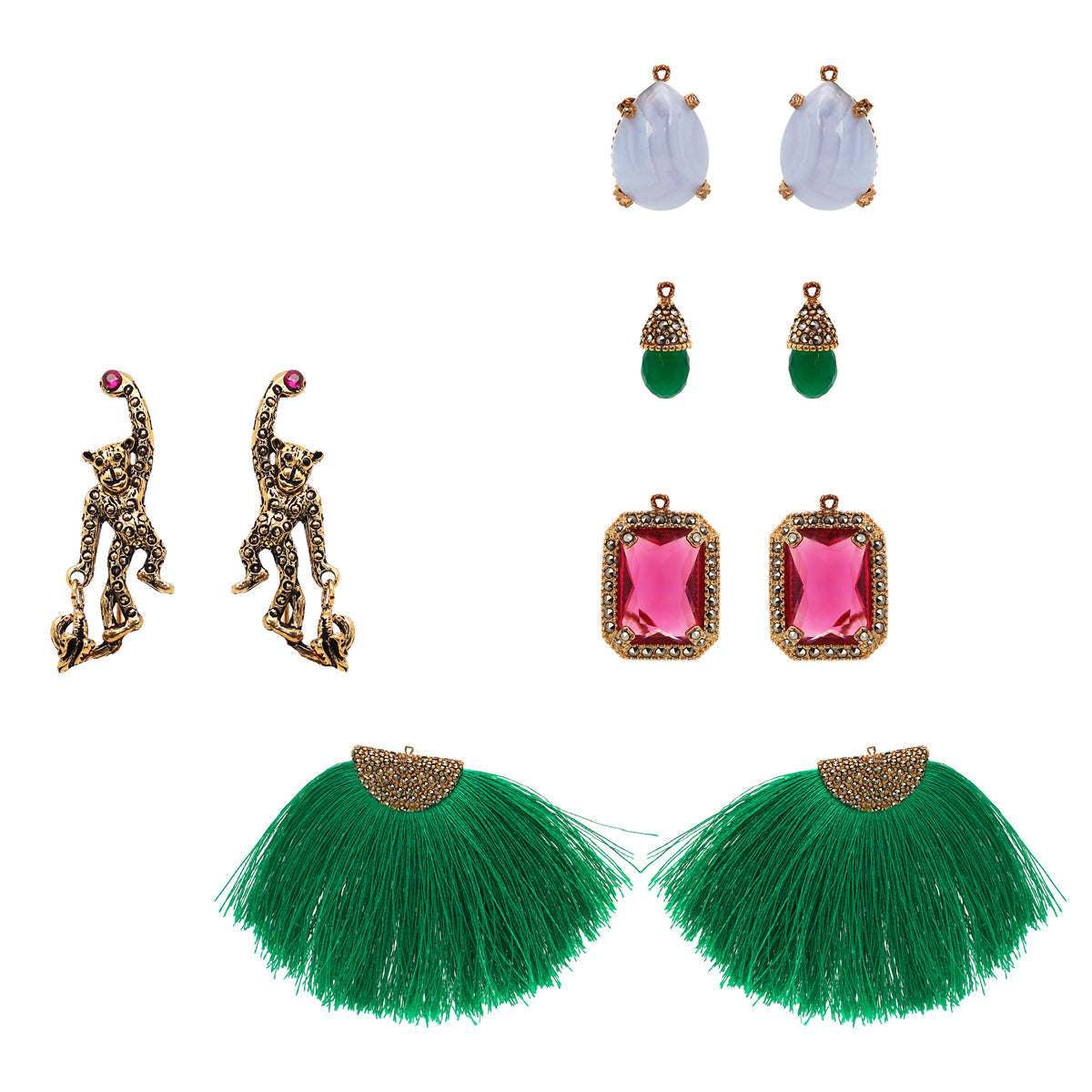 COMBO CHANGO CON DROP ABANICO, BAGUETTE. AGATA AZUL Y BRIOLETTE GOLD Arete + Drop de Joyería Regina Castillo