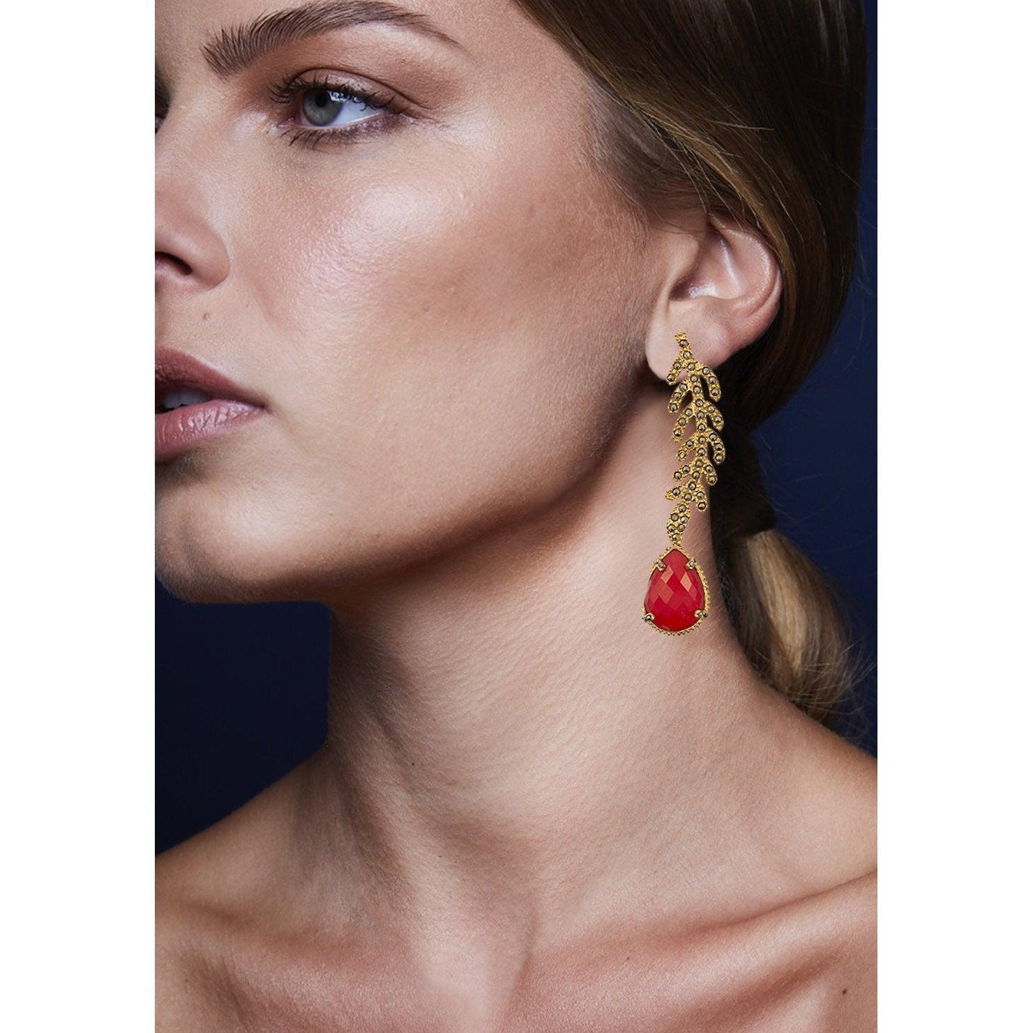 Arete Ramas + Drop clásico cuarzo cristal rojo Arete Base de Joyería de autor Regina Castillo