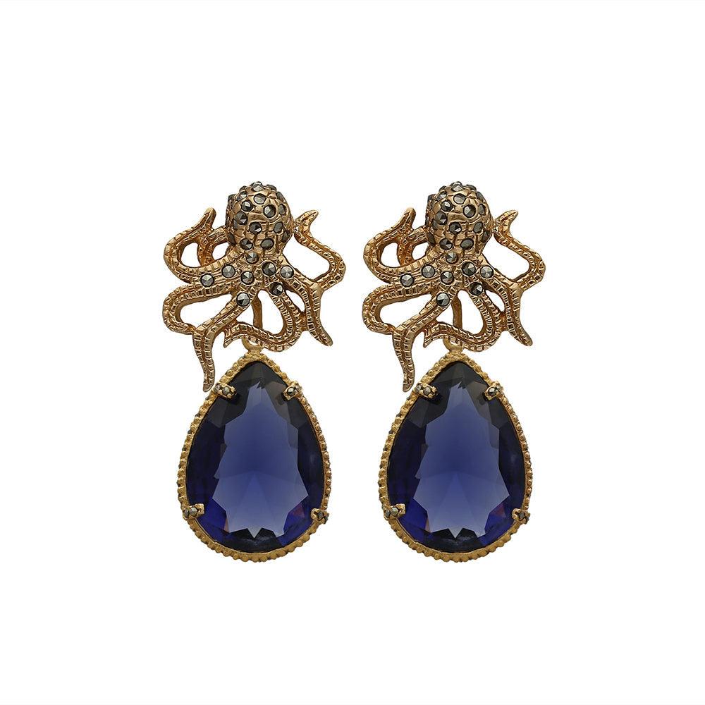 Arete pulpo kraken + Drop clásico tanzanita Arete Base de Joyería Regina Castillo